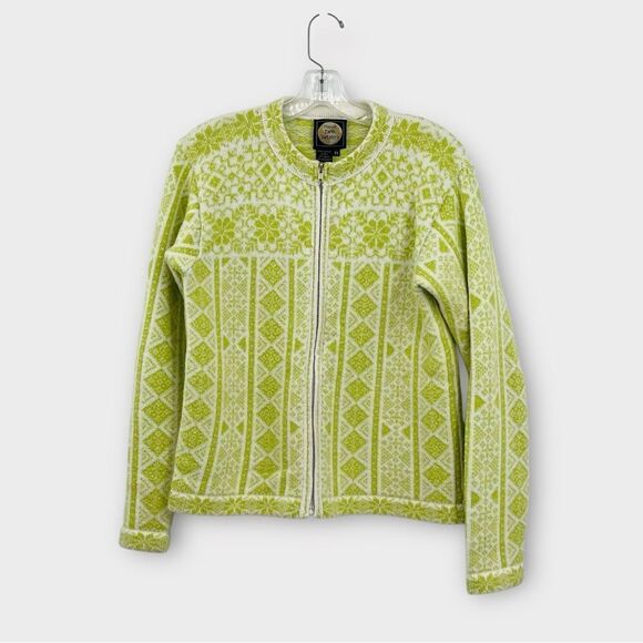 Planet Earth Full Zip Wool Fair Isle Cardigan Sweater In Green/White Size M - Picture 4 of 6